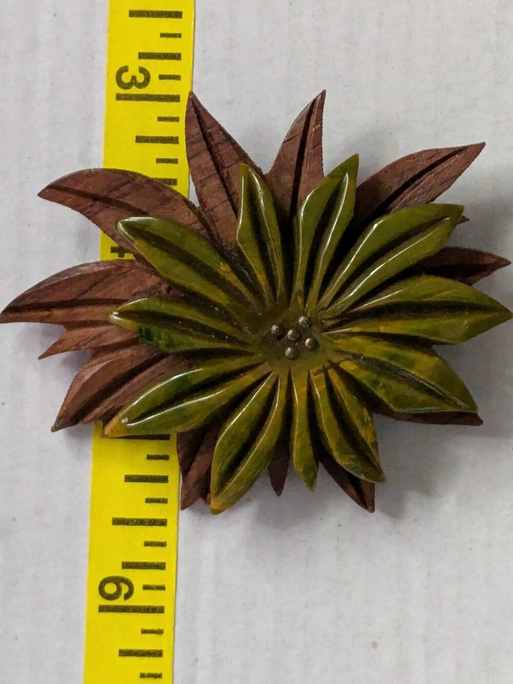 Vintage Bakelite Wooden Carved Floral Flower Brooch Pin